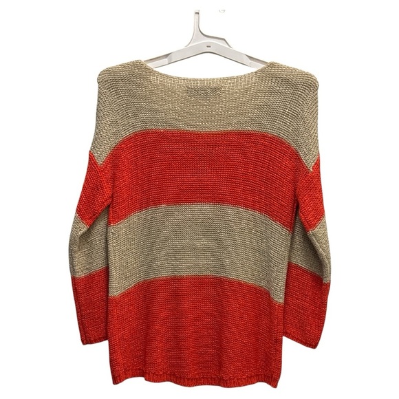 LOFT Red and Tan V-Neck Sweater with Stripes - Picture 2 of 4